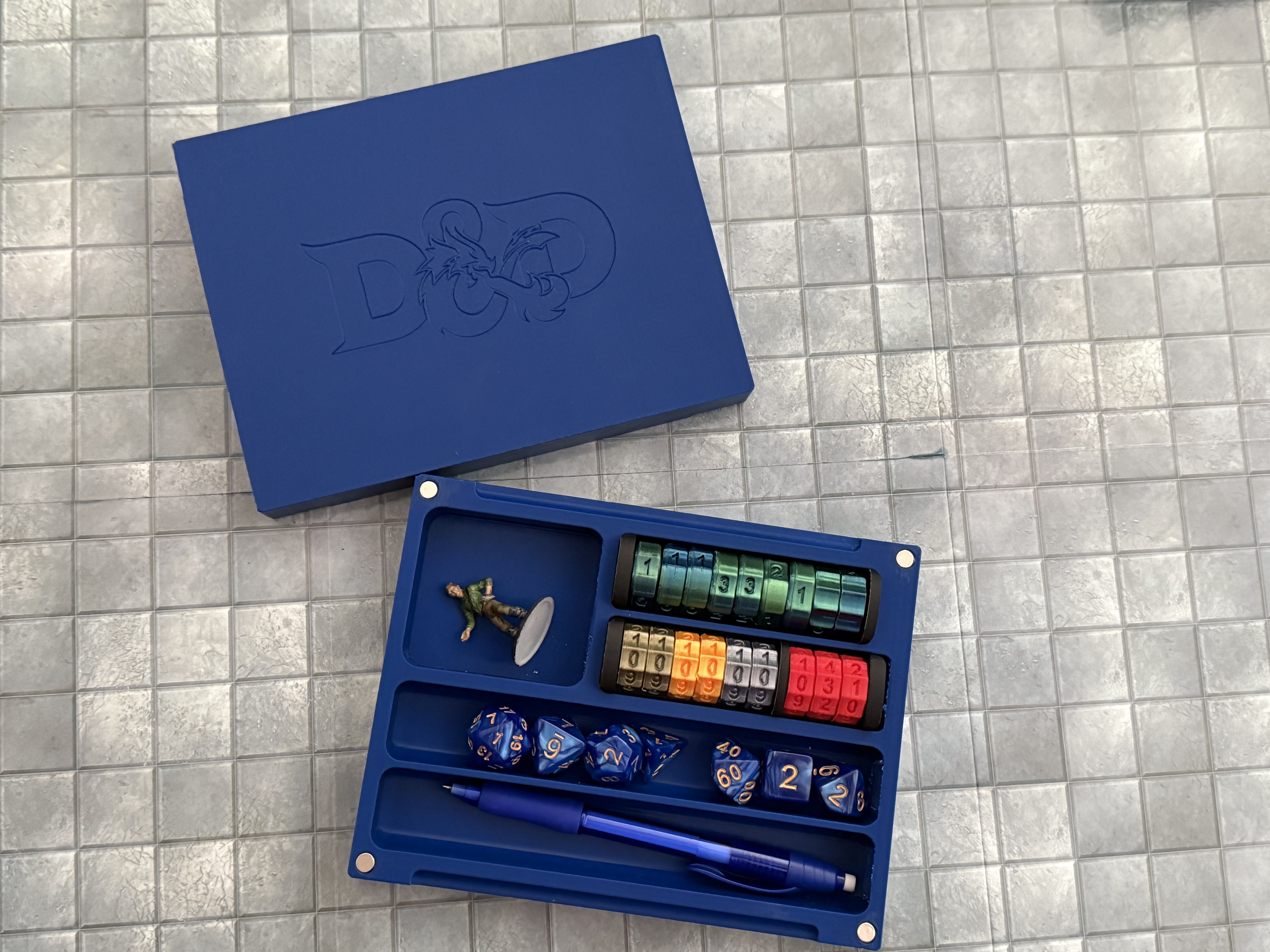 Closed custom blue Critical Kids dice box